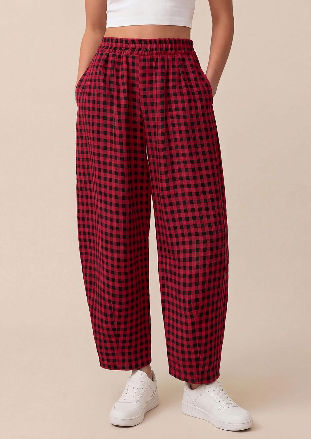 imagePRETTYGARDEN Plaid Barrel Pants Women Summer 2026 Casual Loose Wide Leg Lounge Gingham Trousers Spring Fashion Beach BottomsBlack Red Plaid