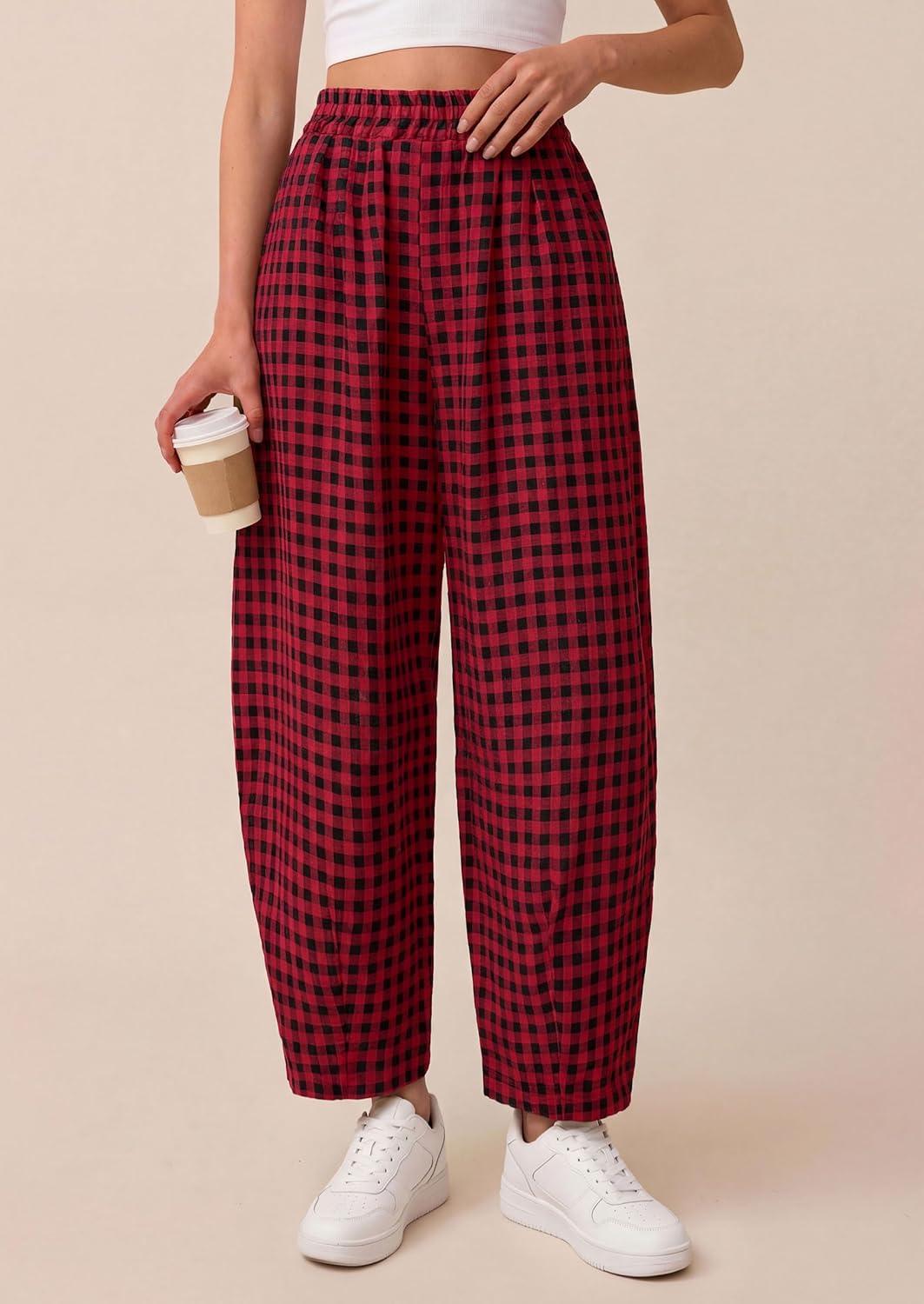 imagePRETTYGARDEN Plaid Barrel Pants Women Summer 2026 Casual Loose Wide Leg Lounge Gingham Trousers Spring Fashion Beach BottomsBlack Red Plaid