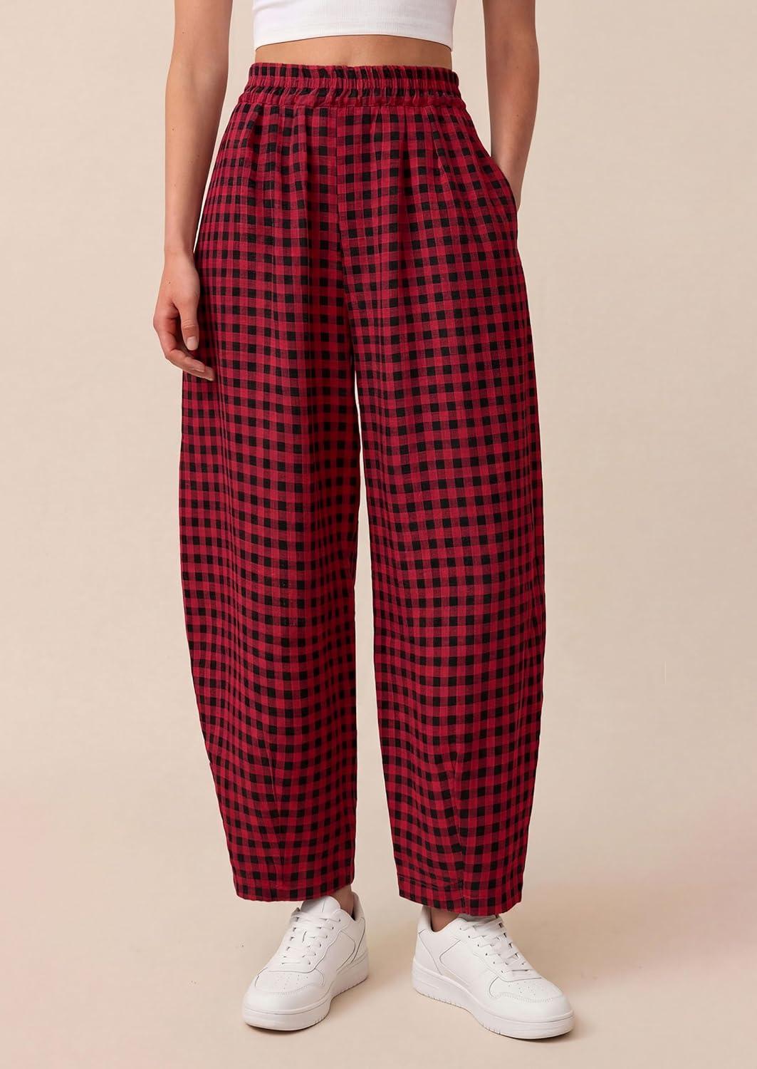 imagePRETTYGARDEN Plaid Barrel Pants Women Summer 2026 Casual Loose Wide Leg Lounge Gingham Trousers Spring Fashion Beach BottomsBlack Red Plaid