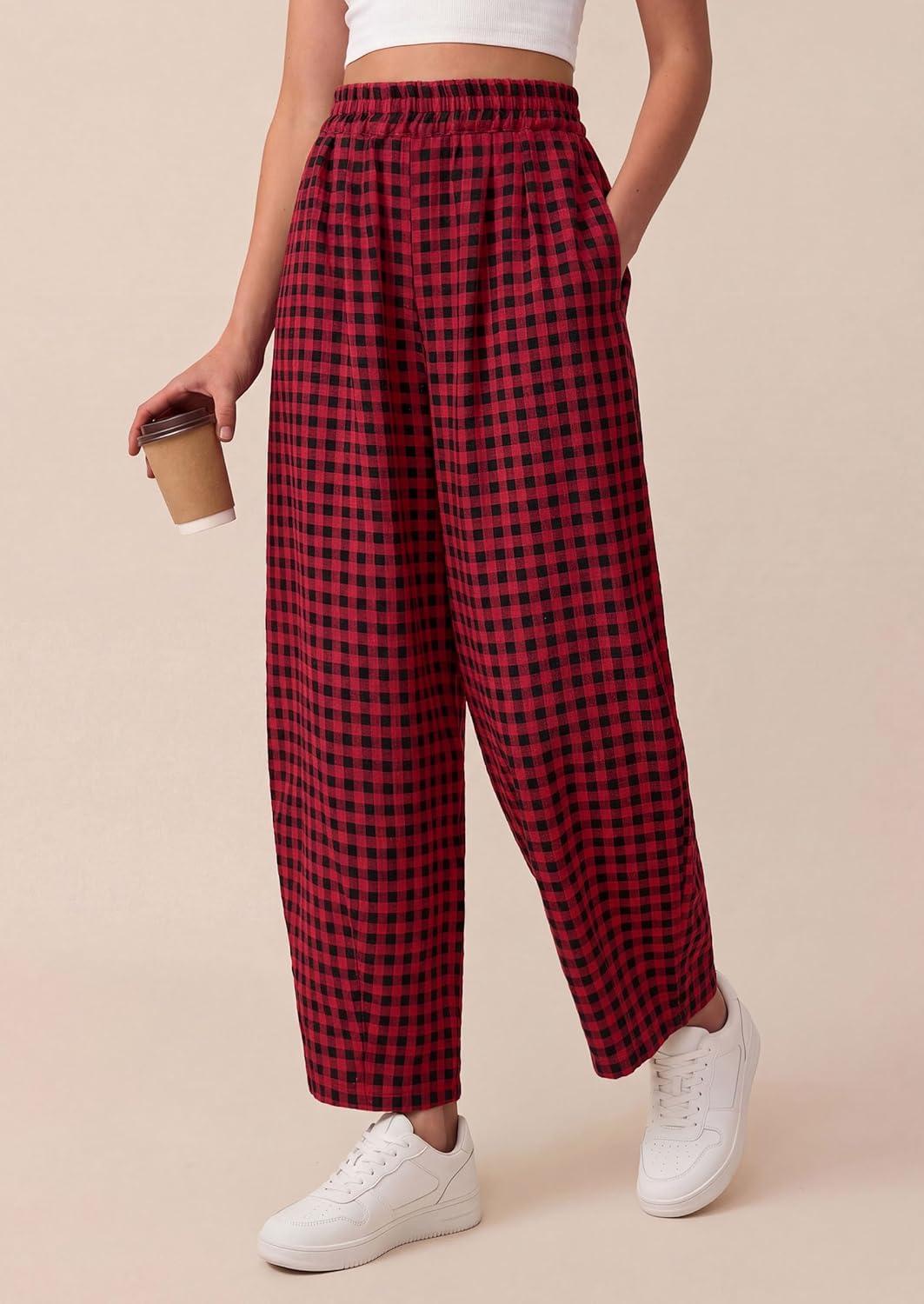 imagePRETTYGARDEN Plaid Barrel Pants Women Summer 2026 Casual Loose Wide Leg Lounge Gingham Trousers Spring Fashion Beach BottomsBlack Red Plaid