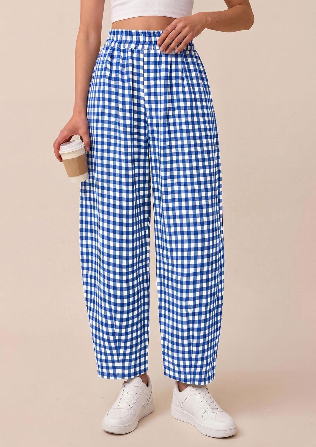 imagePRETTYGARDEN Plaid Barrel Pants Women Summer 2026 Casual Loose Wide Leg Lounge Gingham Trousers Spring Fashion Beach BottomsBlue Plaid
