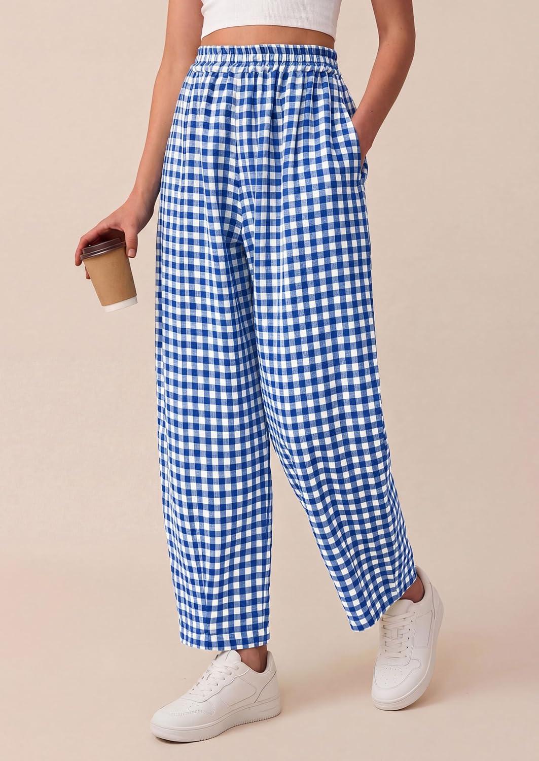 imagePRETTYGARDEN Plaid Barrel Pants Women Summer 2026 Casual Loose Wide Leg Lounge Gingham Trousers Spring Fashion Beach BottomsBlue Plaid