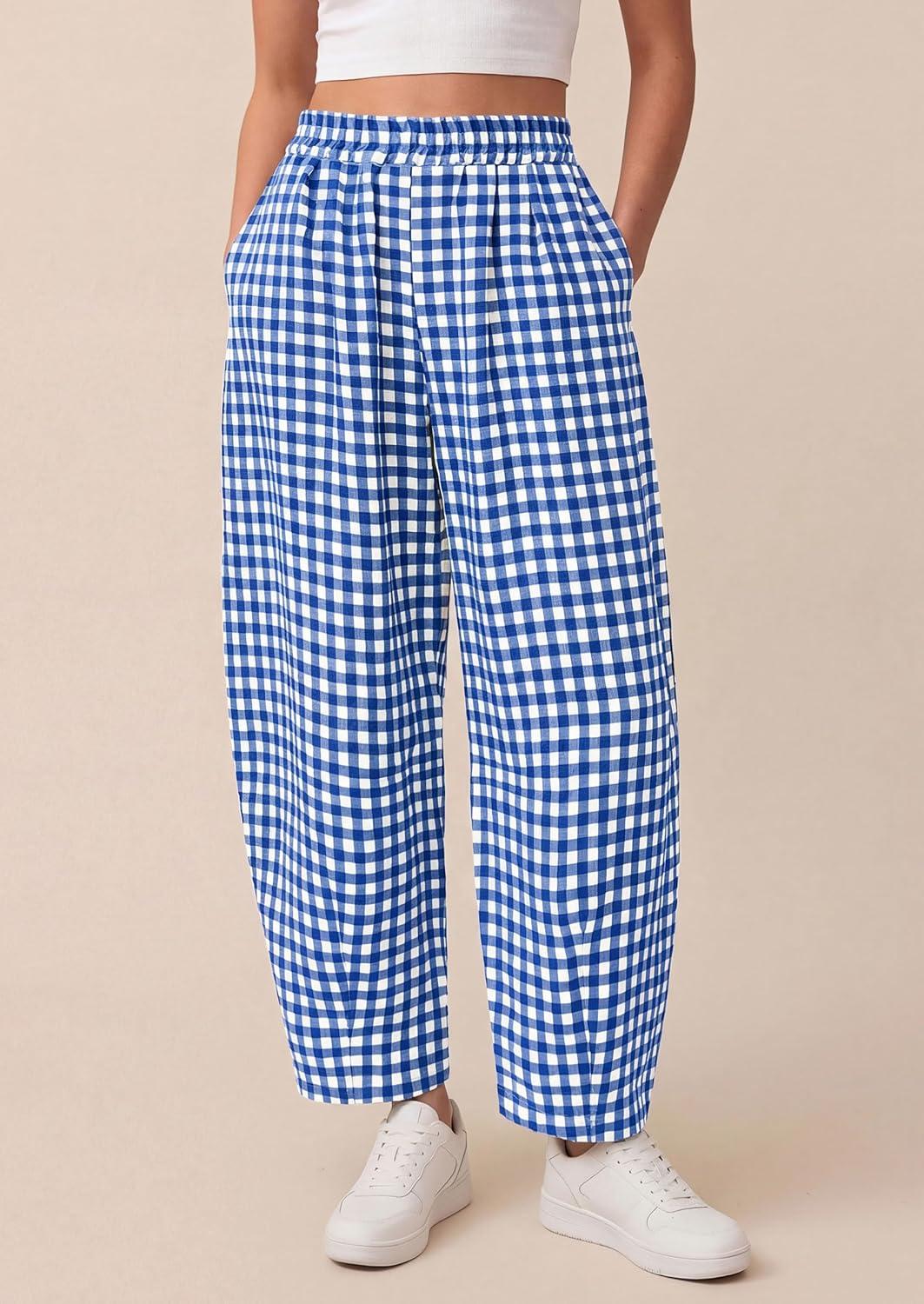 imagePRETTYGARDEN Plaid Barrel Pants Women Summer 2026 Casual Loose Wide Leg Lounge Gingham Trousers Spring Fashion Beach BottomsBlue Plaid