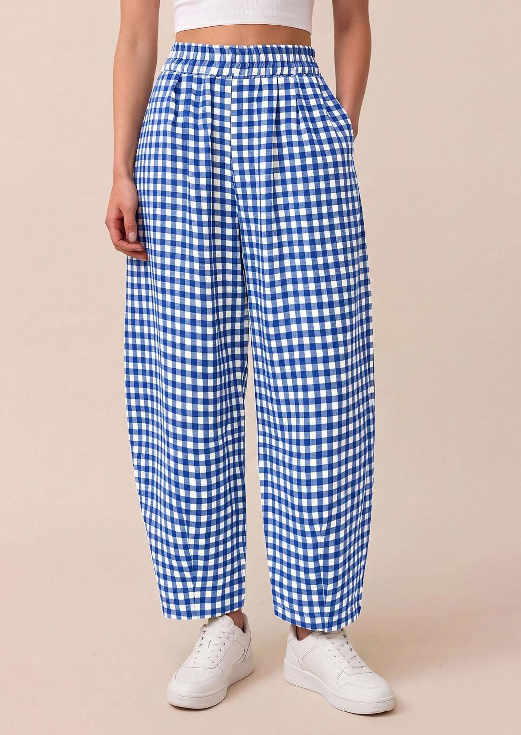 imagePRETTYGARDEN Plaid Barrel Pants Women Summer 2026 Casual Loose Wide Leg Lounge Gingham Trousers Spring Fashion Beach BottomsBlue Plaid