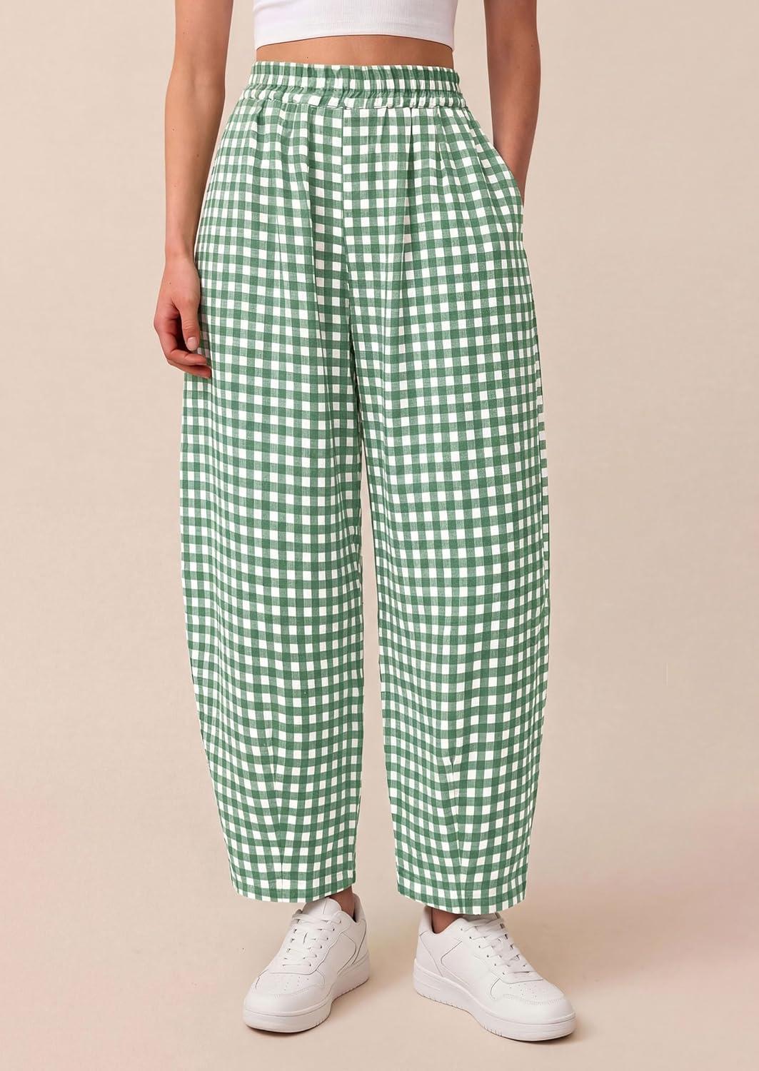 imagePRETTYGARDEN Plaid Barrel Pants Women Summer 2026 Casual Loose Wide Leg Lounge Gingham Trousers Spring Fashion Beach BottomsGreen Plaid