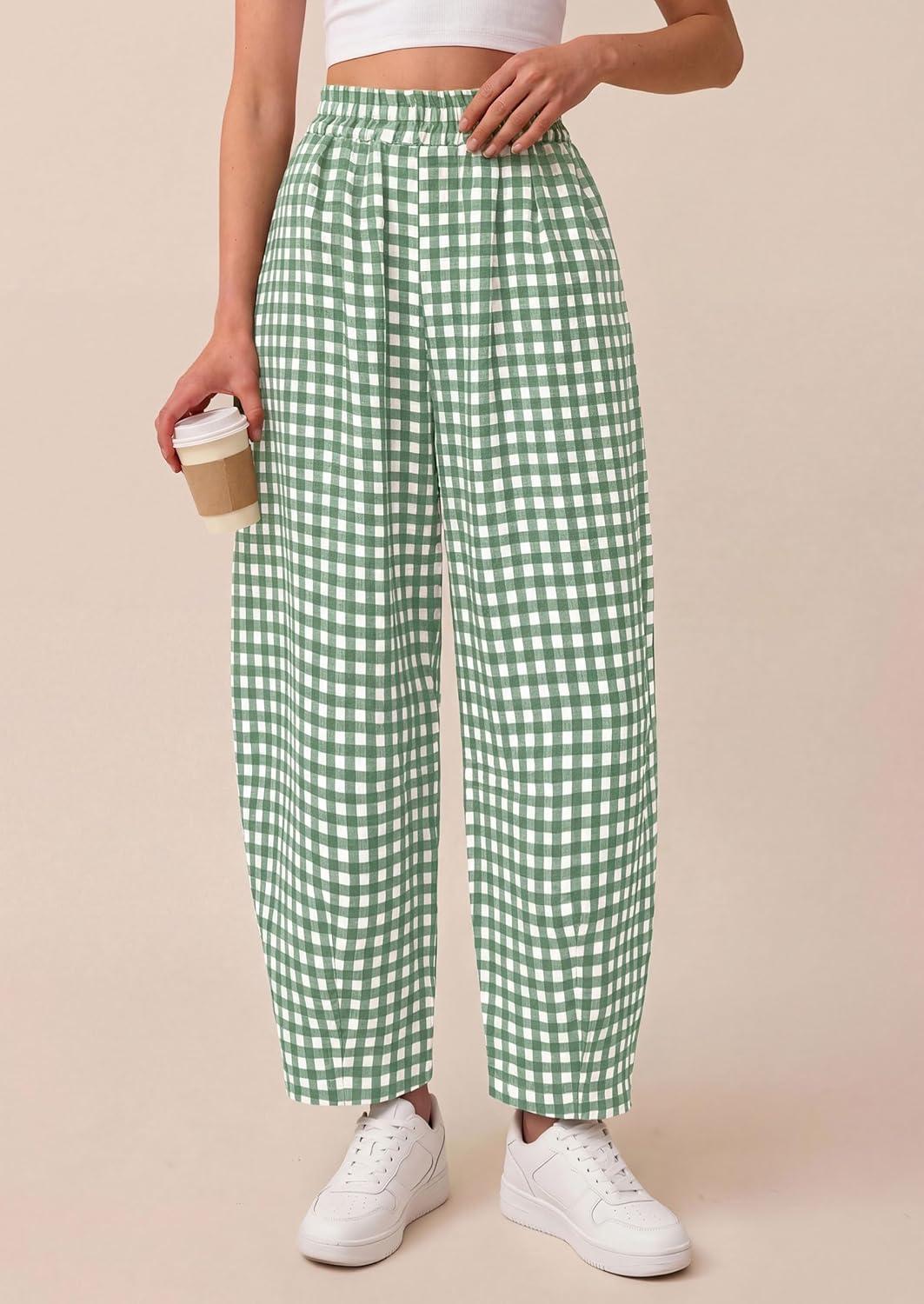 imagePRETTYGARDEN Plaid Barrel Pants Women Summer 2026 Casual Loose Wide Leg Lounge Gingham Trousers Spring Fashion Beach BottomsGreen Plaid