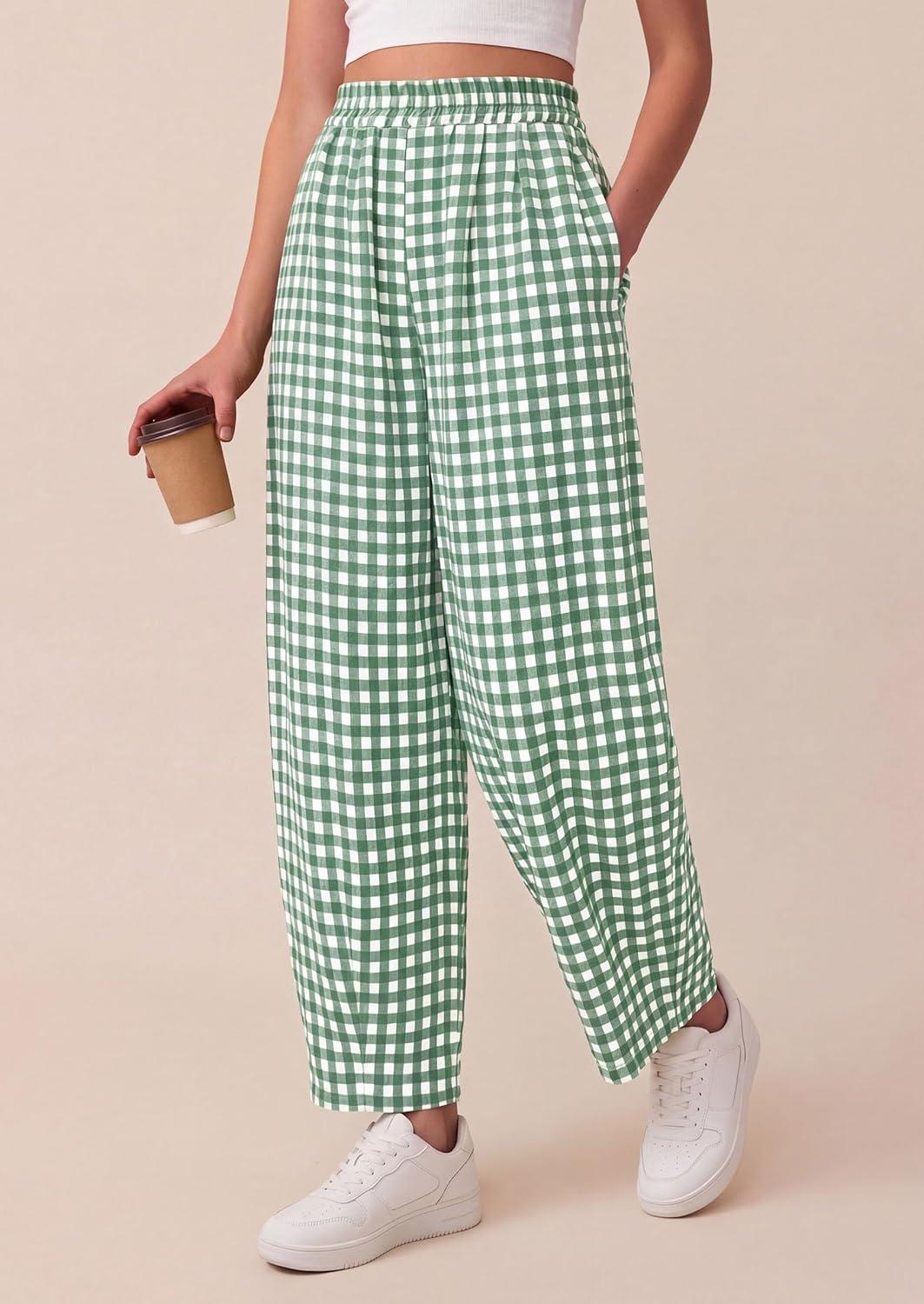 imagePRETTYGARDEN Plaid Barrel Pants Women Summer 2026 Casual Loose Wide Leg Lounge Gingham Trousers Spring Fashion Beach BottomsGreen Plaid