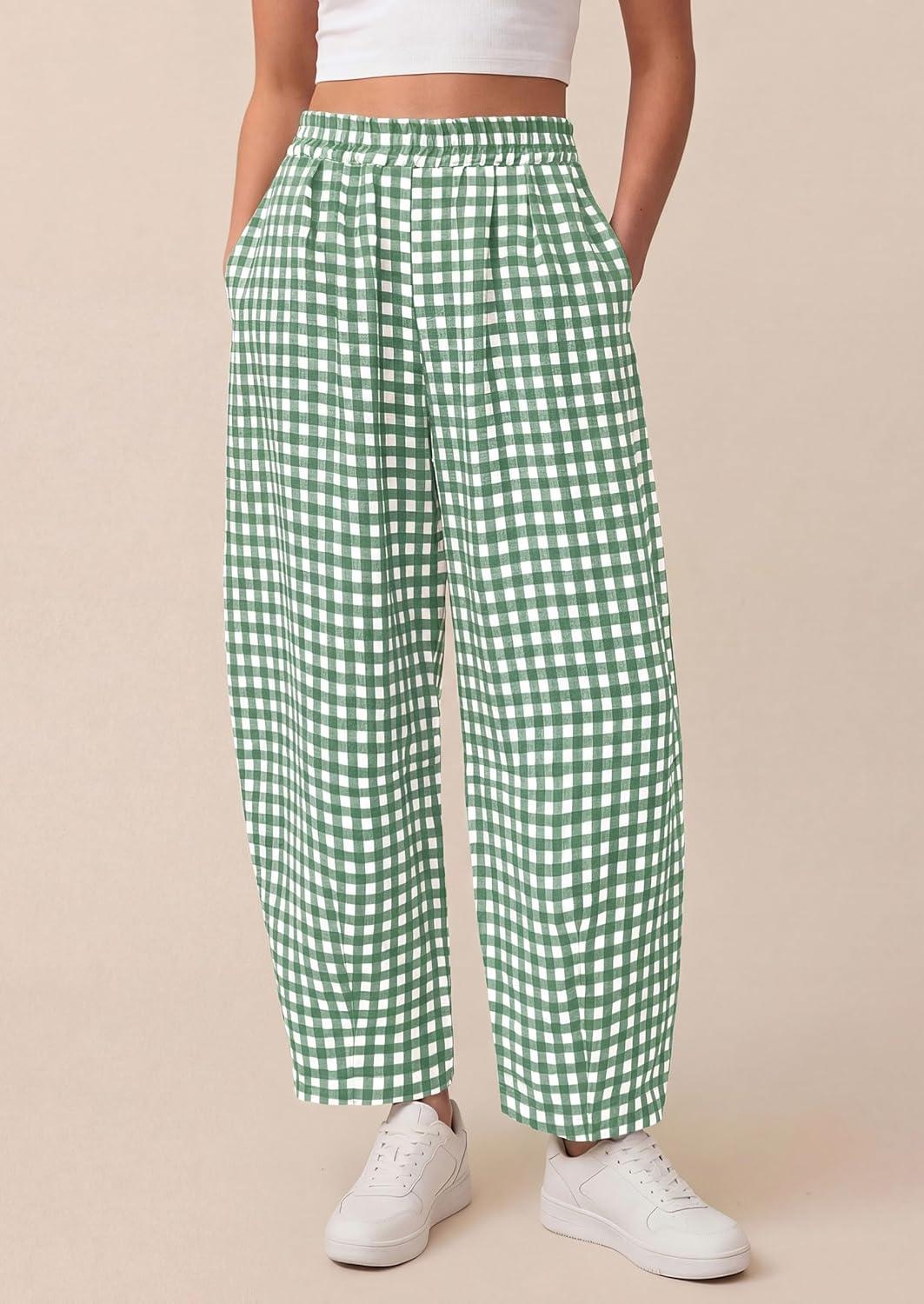 imagePRETTYGARDEN Plaid Barrel Pants Women Summer 2026 Casual Loose Wide Leg Lounge Gingham Trousers Spring Fashion Beach BottomsGreen Plaid