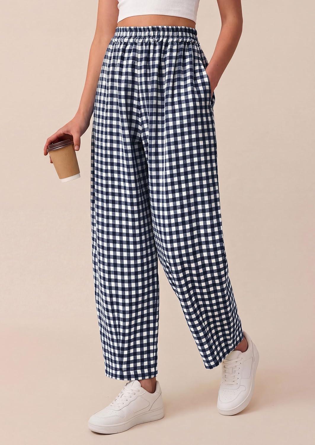 imagePRETTYGARDEN Plaid Barrel Pants Women Summer 2026 Casual Loose Wide Leg Lounge Gingham Trousers Spring Fashion Beach BottomsNavy Blue Plaid