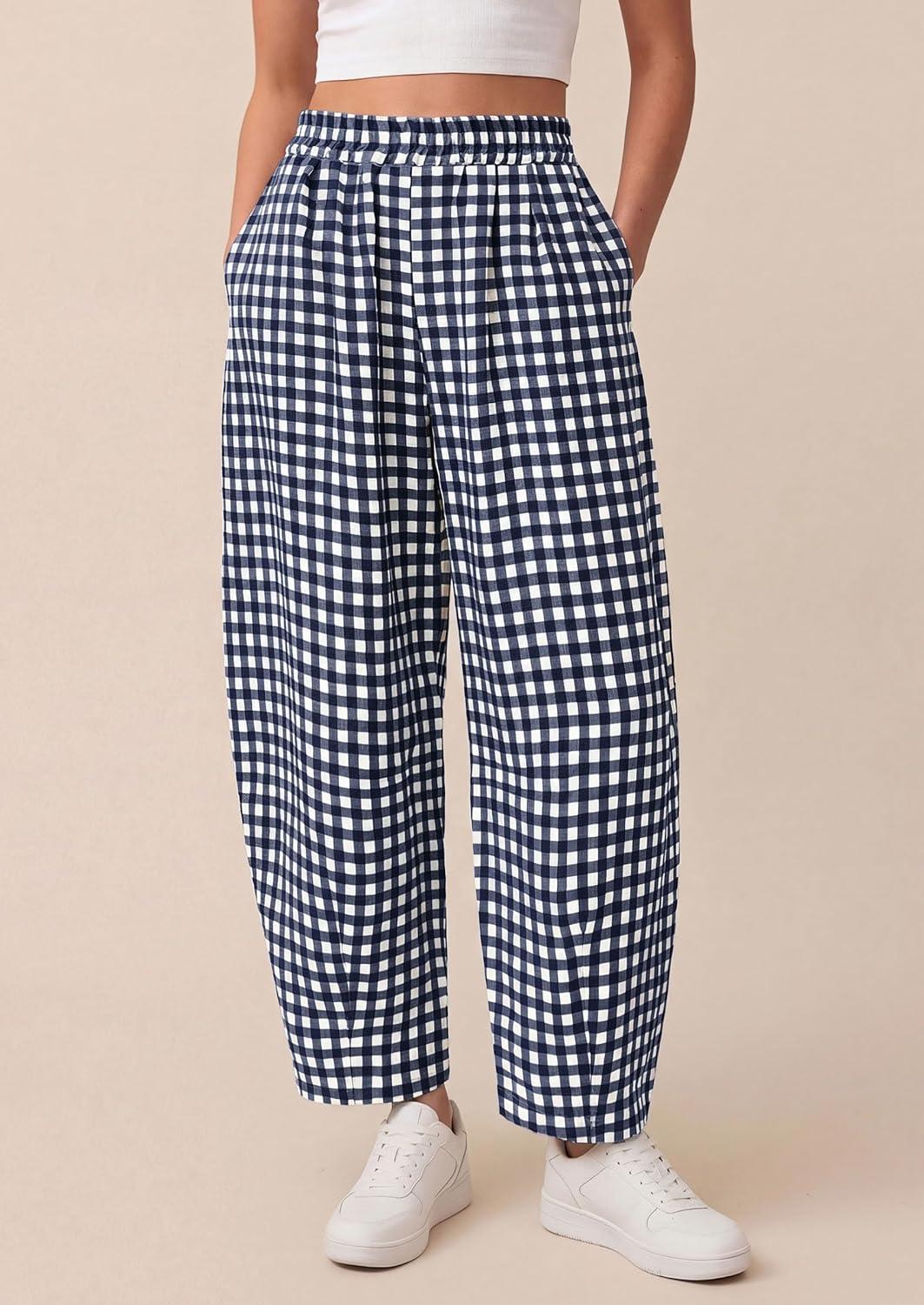 imagePRETTYGARDEN Plaid Barrel Pants Women Summer 2026 Casual Loose Wide Leg Lounge Gingham Trousers Spring Fashion Beach BottomsNavy Blue Plaid