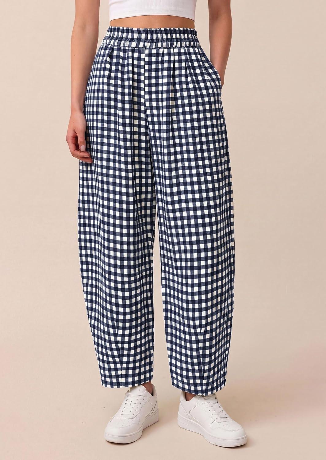 imagePRETTYGARDEN Plaid Barrel Pants Women Summer 2026 Casual Loose Wide Leg Lounge Gingham Trousers Spring Fashion Beach BottomsNavy Blue Plaid