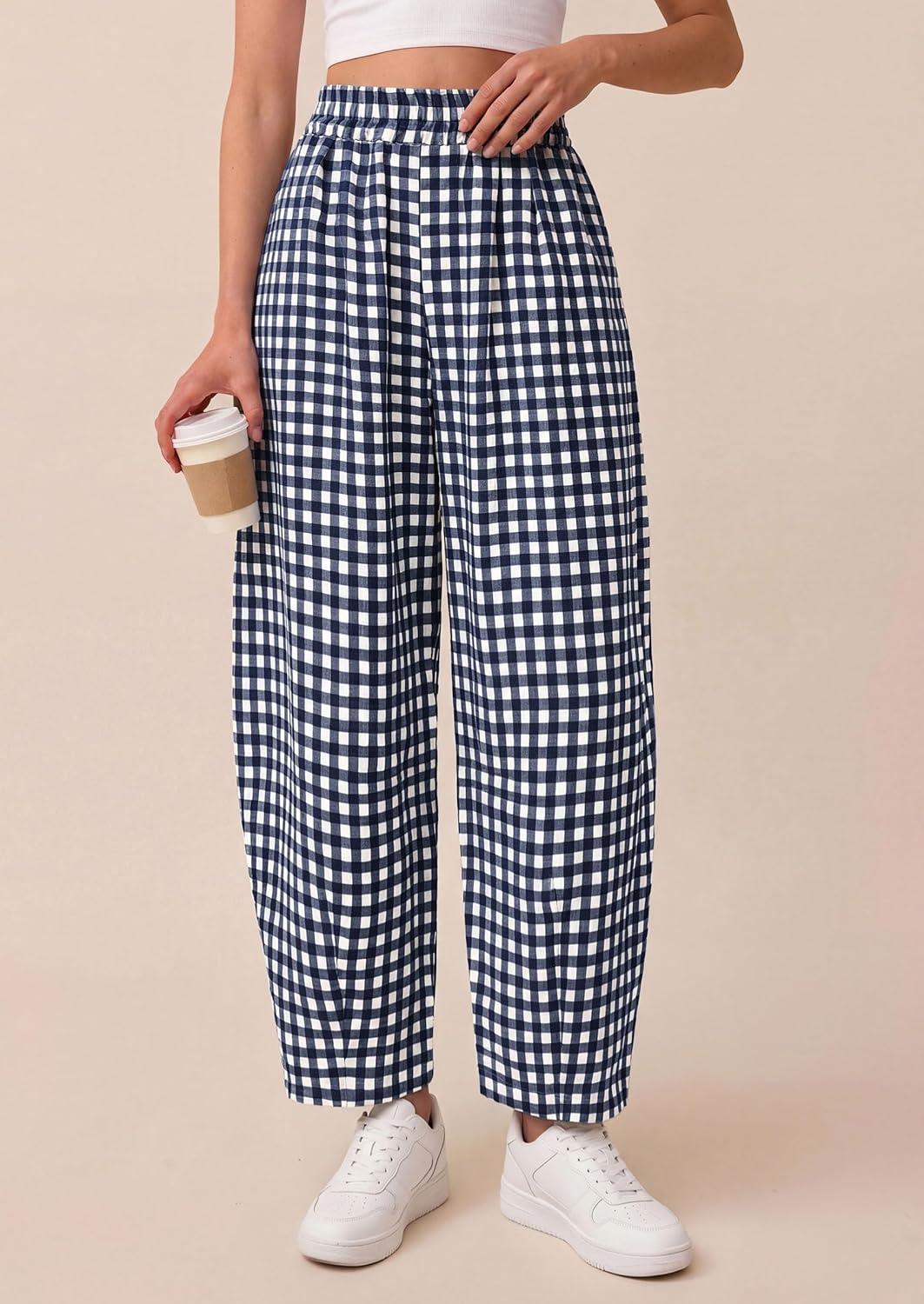 imagePRETTYGARDEN Plaid Barrel Pants Women Summer 2026 Casual Loose Wide Leg Lounge Gingham Trousers Spring Fashion Beach BottomsNavy Blue Plaid