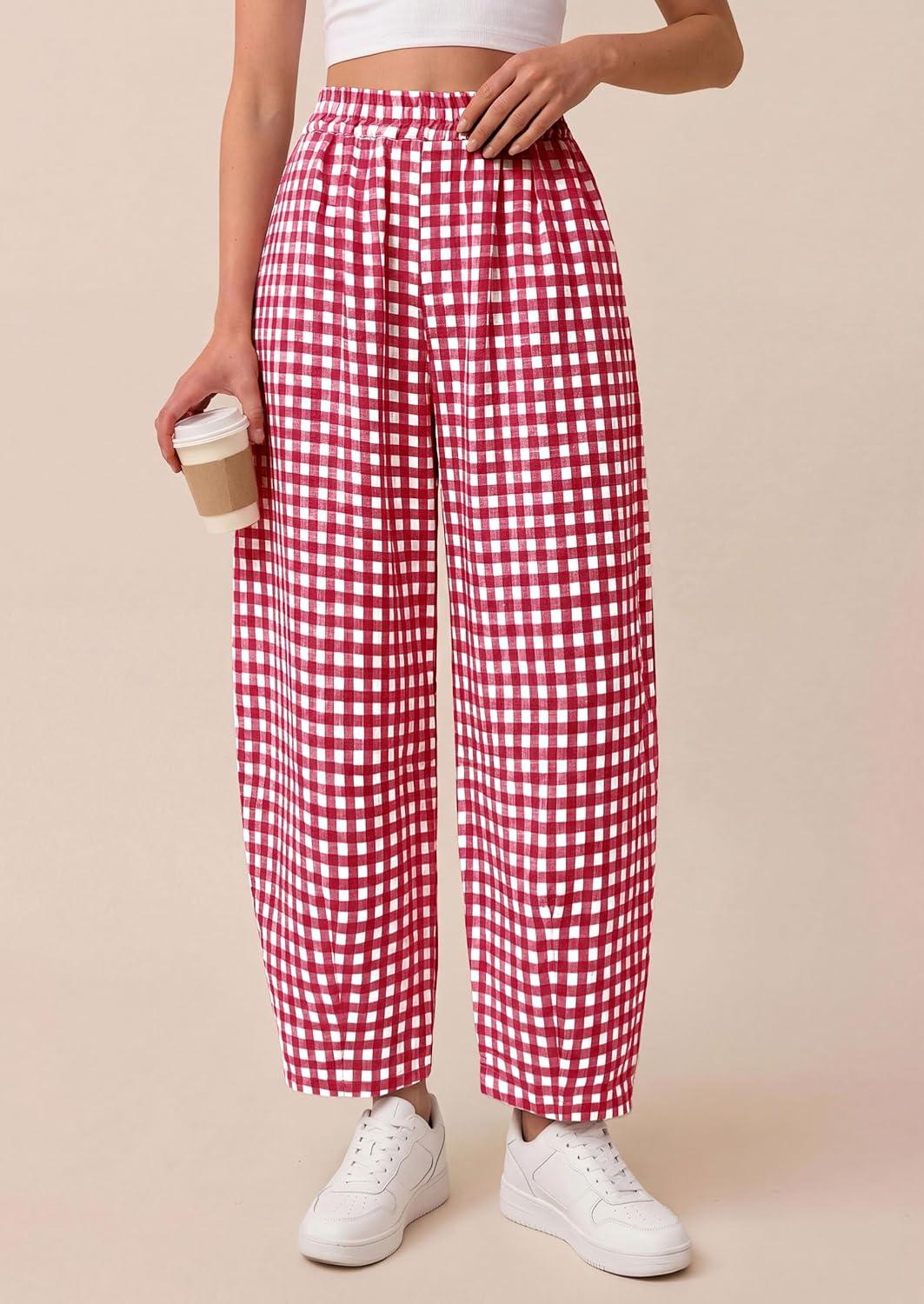 imagePRETTYGARDEN Plaid Barrel Pants Women Summer 2026 Casual Loose Wide Leg Lounge Gingham Trousers Spring Fashion Beach BottomsRed Plaid