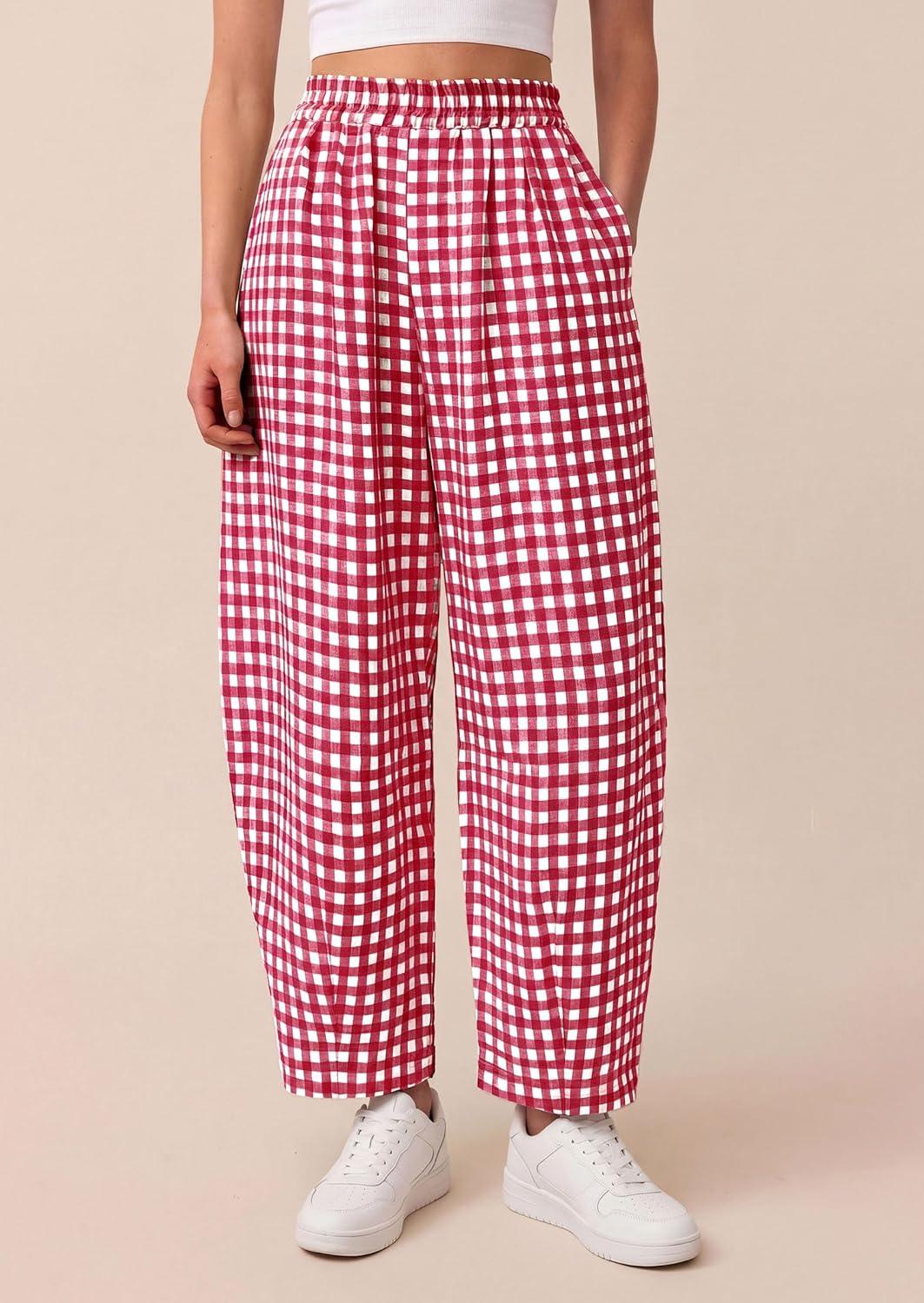 imagePRETTYGARDEN Plaid Barrel Pants Women Summer 2026 Casual Loose Wide Leg Lounge Gingham Trousers Spring Fashion Beach BottomsRed Plaid