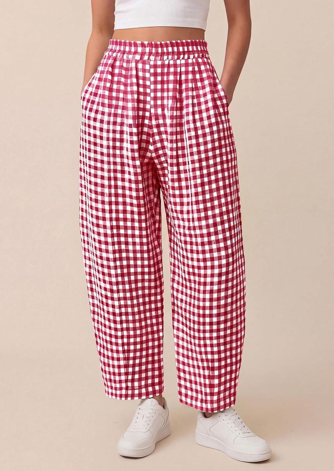 imagePRETTYGARDEN Plaid Barrel Pants Women Summer 2026 Casual Loose Wide Leg Lounge Gingham Trousers Spring Fashion Beach BottomsRed Plaid