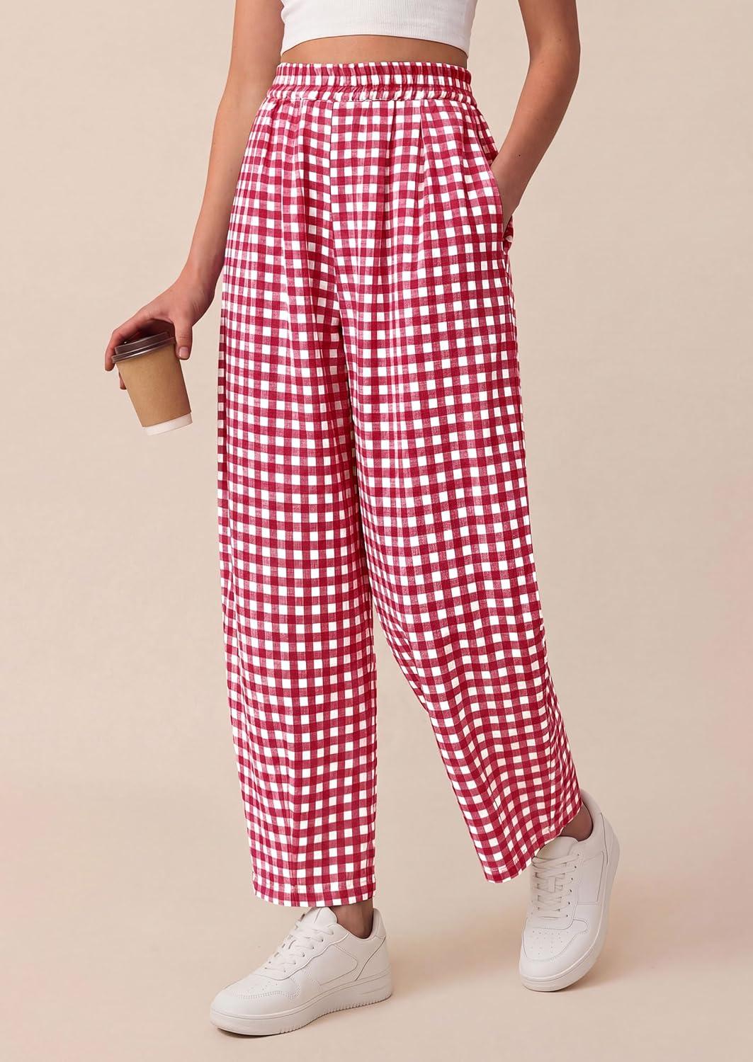 imagePRETTYGARDEN Plaid Barrel Pants Women Summer 2026 Casual Loose Wide Leg Lounge Gingham Trousers Spring Fashion Beach BottomsRed Plaid