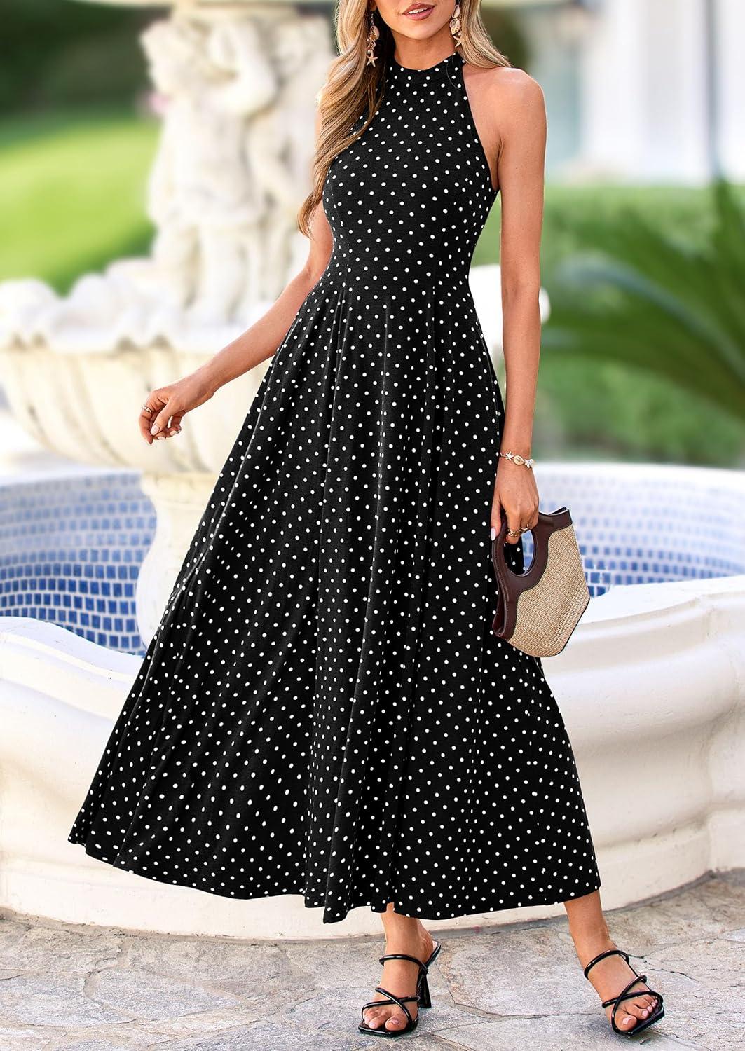 imagePRETTYGARDEN Summer Halter Dresses for Women 2026 Vacation Outfits Sleeveless Polka Dot Sundress Wedding Guest Maxi DressDot Black White