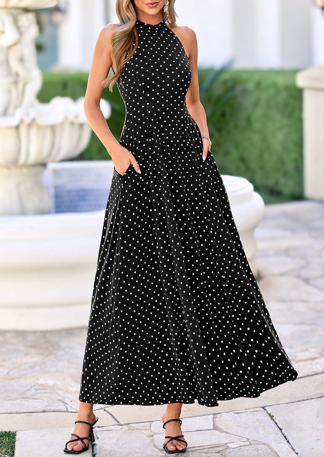 imagePRETTYGARDEN Summer Halter Dresses for Women 2026 Vacation Outfits Sleeveless Polka Dot Sundress Wedding Guest Maxi DressDot Black White