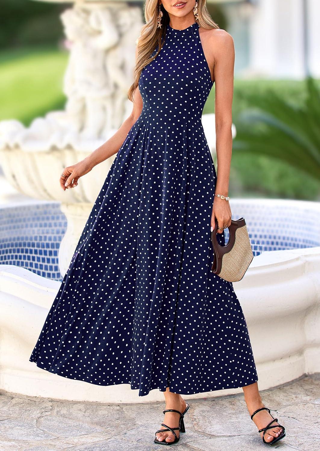 imagePRETTYGARDEN Summer Halter Dresses for Women 2026 Vacation Outfits Sleeveless Polka Dot Sundress Wedding Guest Maxi DressDot Dark Blue White