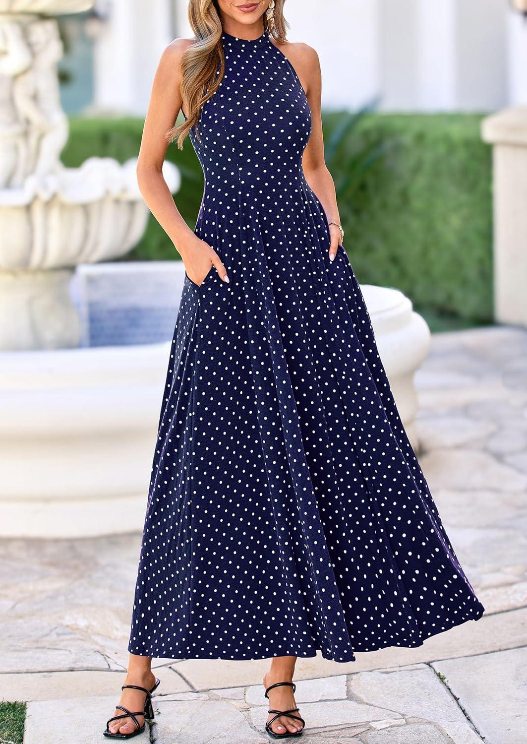imagePRETTYGARDEN Summer Halter Dresses for Women 2026 Vacation Outfits Sleeveless Polka Dot Sundress Wedding Guest Maxi DressDot Dark Blue White