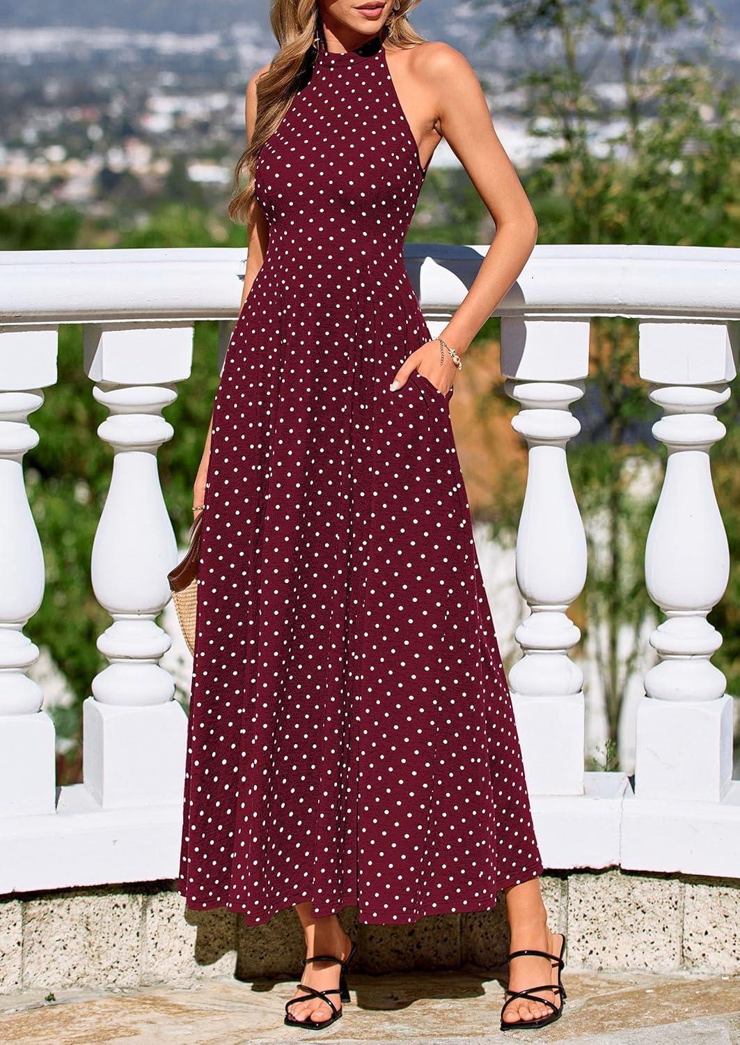 imagePRETTYGARDEN Summer Halter Dresses for Women 2026 Vacation Outfits Sleeveless Polka Dot Sundress Wedding Guest Maxi DressDot Red White