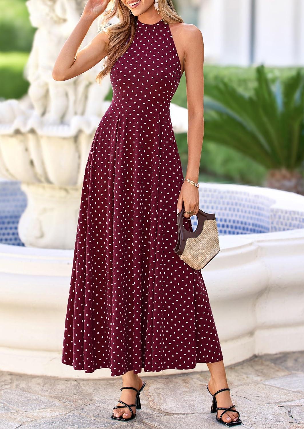 imagePRETTYGARDEN Summer Halter Dresses for Women 2026 Vacation Outfits Sleeveless Polka Dot Sundress Wedding Guest Maxi DressDot Red White