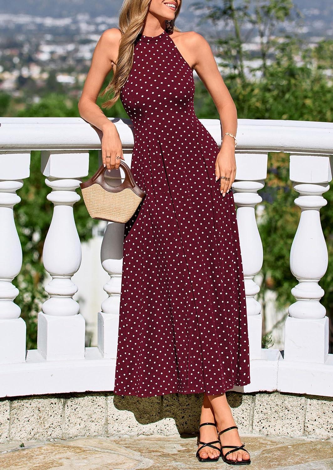 imagePRETTYGARDEN Summer Halter Dresses for Women 2026 Vacation Outfits Sleeveless Polka Dot Sundress Wedding Guest Maxi DressDot Red White