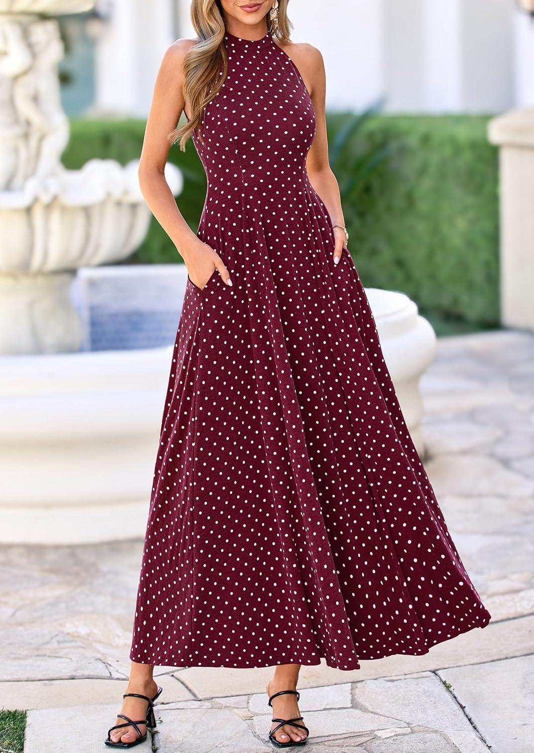 imagePRETTYGARDEN Summer Halter Dresses for Women 2026 Vacation Outfits Sleeveless Polka Dot Sundress Wedding Guest Maxi DressDot Red White
