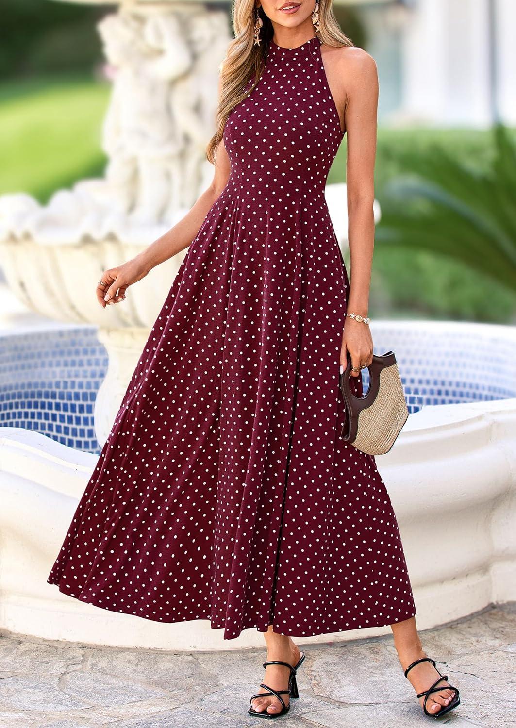 imagePRETTYGARDEN Summer Halter Dresses for Women 2026 Vacation Outfits Sleeveless Polka Dot Sundress Wedding Guest Maxi DressDot Red White