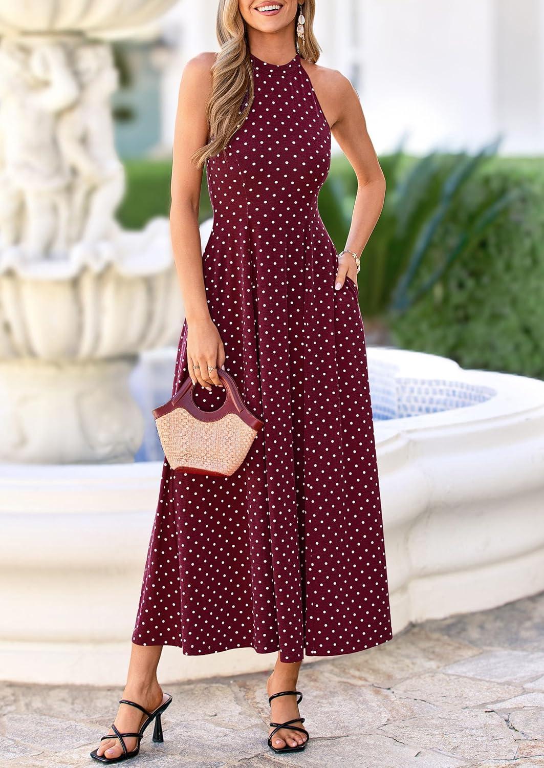 imagePRETTYGARDEN Summer Halter Dresses for Women 2026 Vacation Outfits Sleeveless Polka Dot Sundress Wedding Guest Maxi DressDot Red White