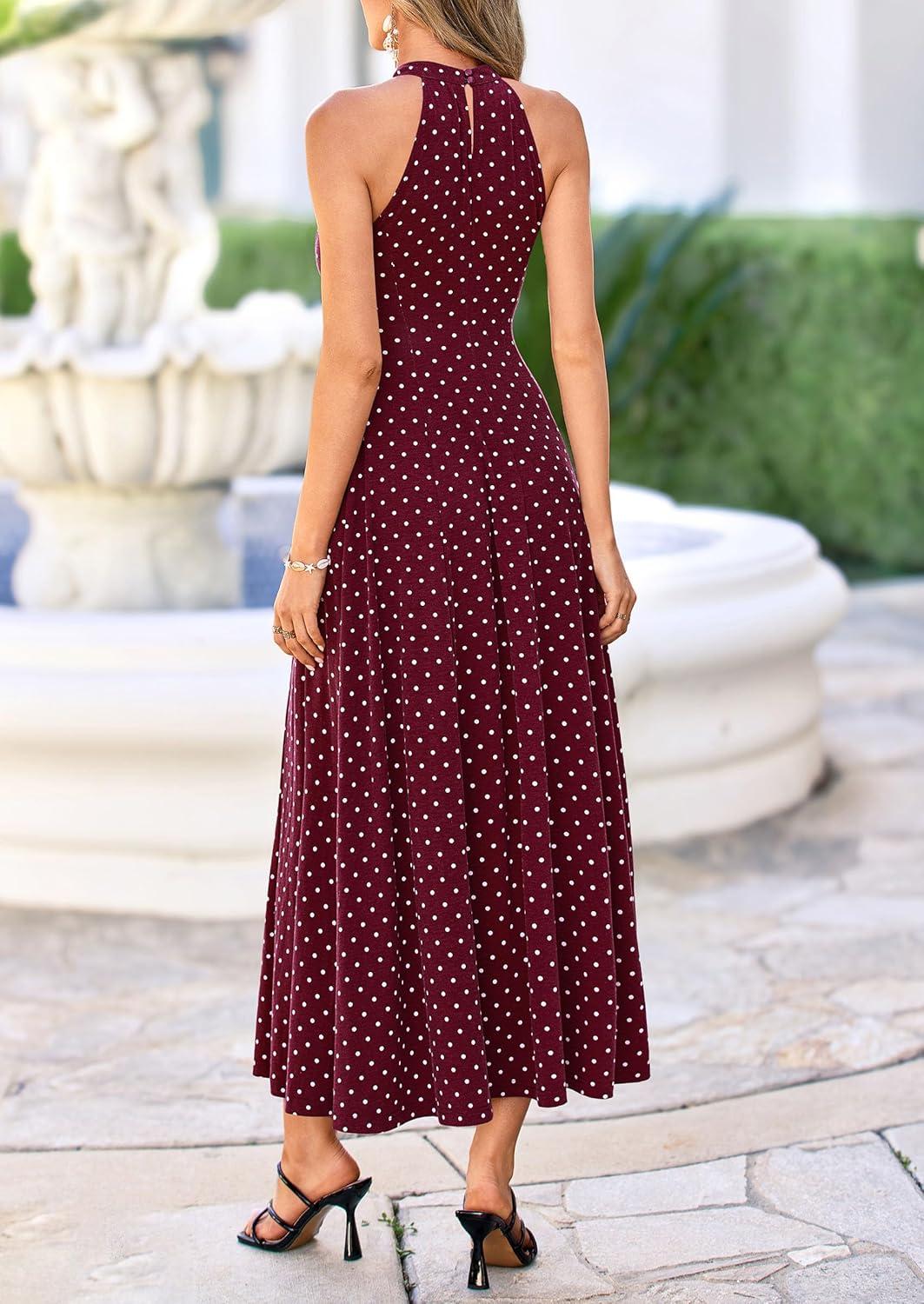 imagePRETTYGARDEN Summer Halter Dresses for Women 2026 Vacation Outfits Sleeveless Polka Dot Sundress Wedding Guest Maxi DressDot Red White
