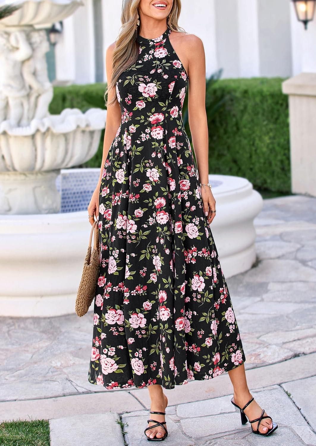 imagePRETTYGARDEN Summer Halter Dresses for Women 2026 Vacation Outfits Sleeveless Polka Dot Sundress Wedding Guest Maxi DressFloral Black Pink