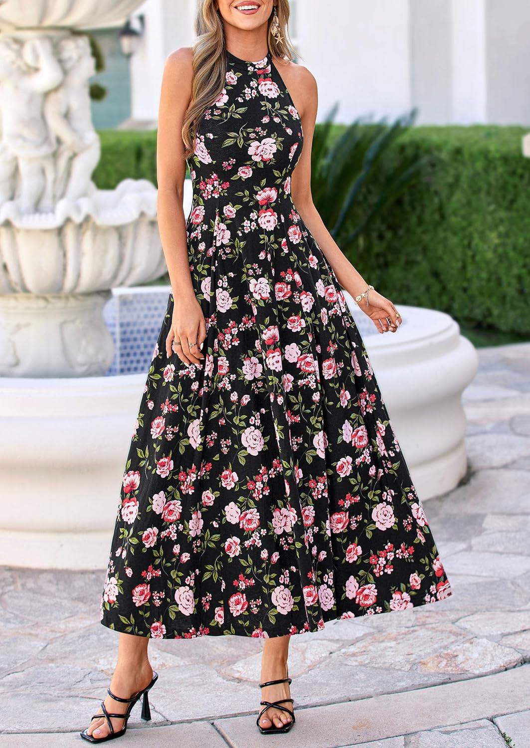 imagePRETTYGARDEN Summer Halter Dresses for Women 2026 Vacation Outfits Sleeveless Polka Dot Sundress Wedding Guest Maxi DressFloral Black Pink