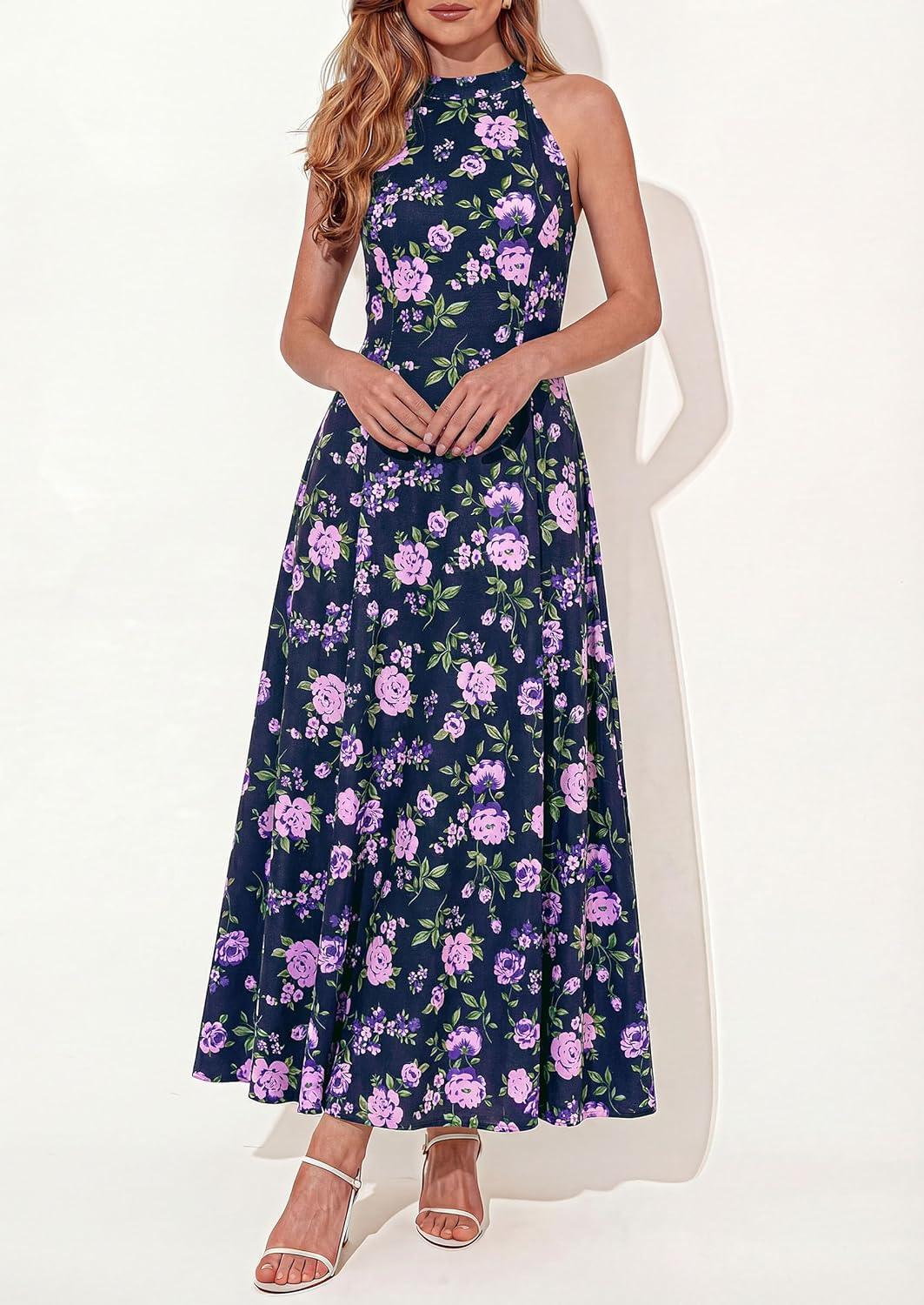 imagePRETTYGARDEN Summer Halter Dresses for Women 2026 Vacation Outfits Sleeveless Polka Dot Sundress Wedding Guest Maxi DressFloral Dark Blue Purple