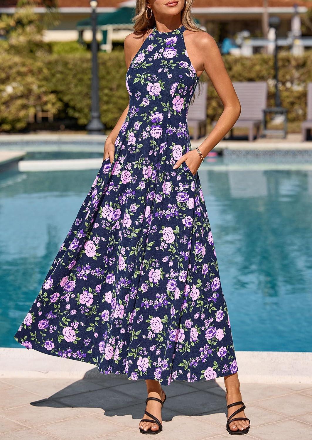 imagePRETTYGARDEN Summer Halter Dresses for Women 2026 Vacation Outfits Sleeveless Polka Dot Sundress Wedding Guest Maxi DressFloral Dark Blue Purple