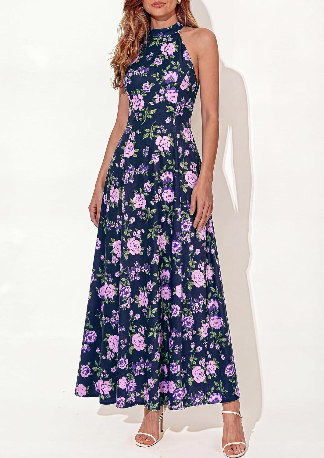 imagePRETTYGARDEN Summer Halter Dresses for Women 2026 Vacation Outfits Sleeveless Polka Dot Sundress Wedding Guest Maxi DressFloral Dark Blue Purple