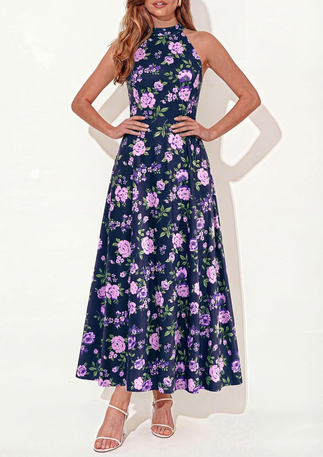 imagePRETTYGARDEN Summer Halter Dresses for Women 2026 Vacation Outfits Sleeveless Polka Dot Sundress Wedding Guest Maxi DressFloral Dark Blue Purple
