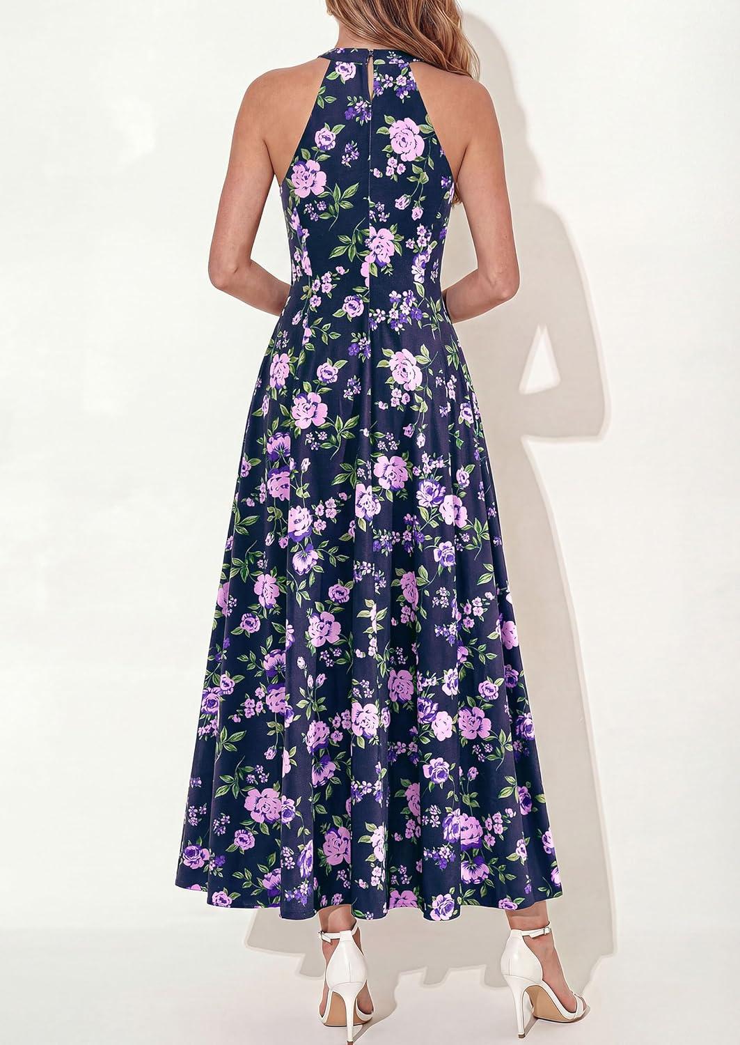 imagePRETTYGARDEN Summer Halter Dresses for Women 2026 Vacation Outfits Sleeveless Polka Dot Sundress Wedding Guest Maxi DressFloral Dark Blue Purple