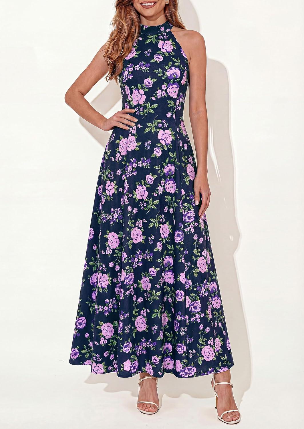 imagePRETTYGARDEN Summer Halter Dresses for Women 2026 Vacation Outfits Sleeveless Polka Dot Sundress Wedding Guest Maxi DressFloral Dark Blue Purple