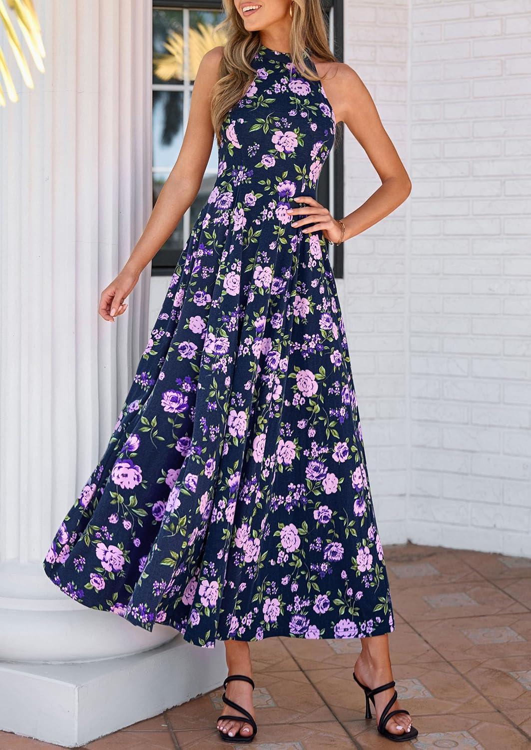 imagePRETTYGARDEN Summer Halter Dresses for Women 2026 Vacation Outfits Sleeveless Polka Dot Sundress Wedding Guest Maxi DressFloral Dark Blue Purple
