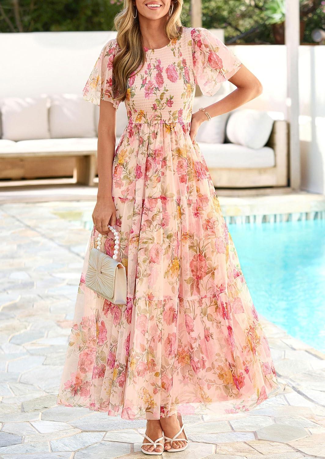 imagePRETTYGARDEN Tulle Floral Dress Women Summer Wedding Guest 2026 Spring Short Sleeve Maxi Smocked Flowy Beach Party DressesApricot Multi Floral