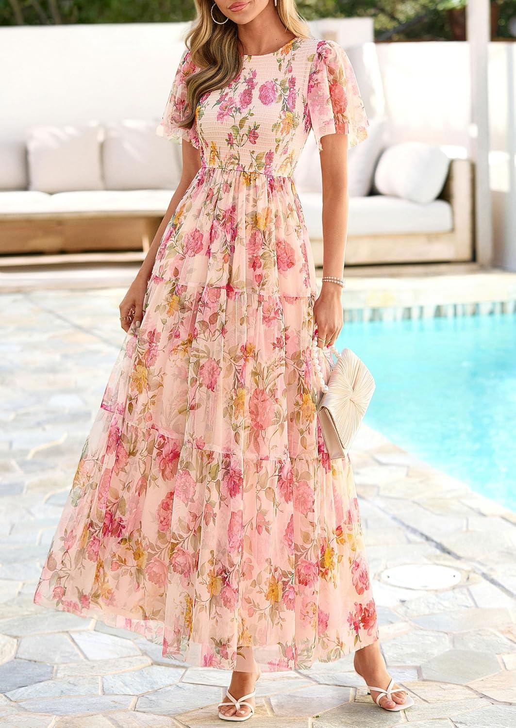 imagePRETTYGARDEN Tulle Floral Dress Women Summer Wedding Guest 2026 Spring Short Sleeve Maxi Smocked Flowy Beach Party DressesApricot Multi Floral