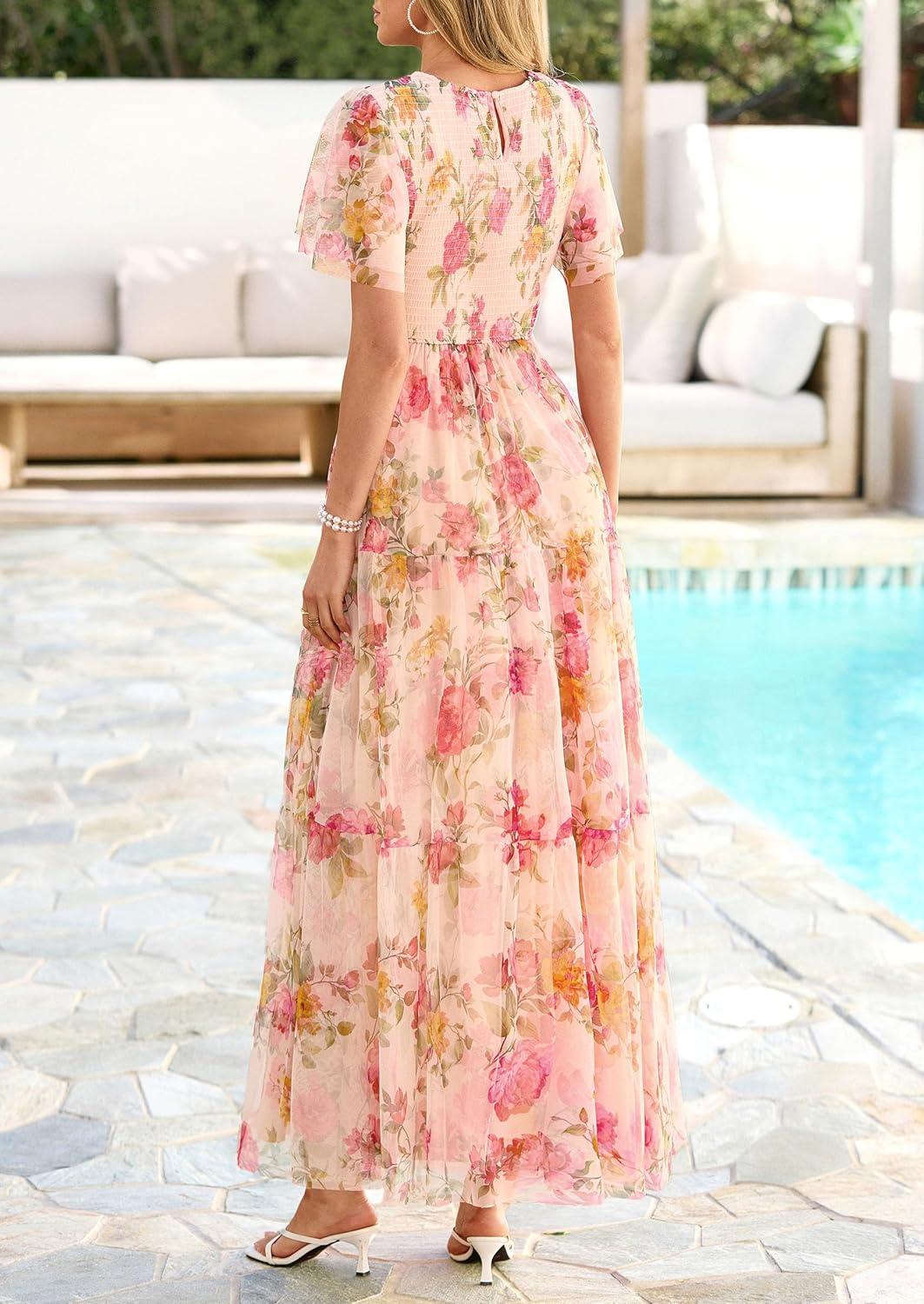 imagePRETTYGARDEN Tulle Floral Dress Women Summer Wedding Guest 2026 Spring Short Sleeve Maxi Smocked Flowy Beach Party DressesApricot Multi Floral