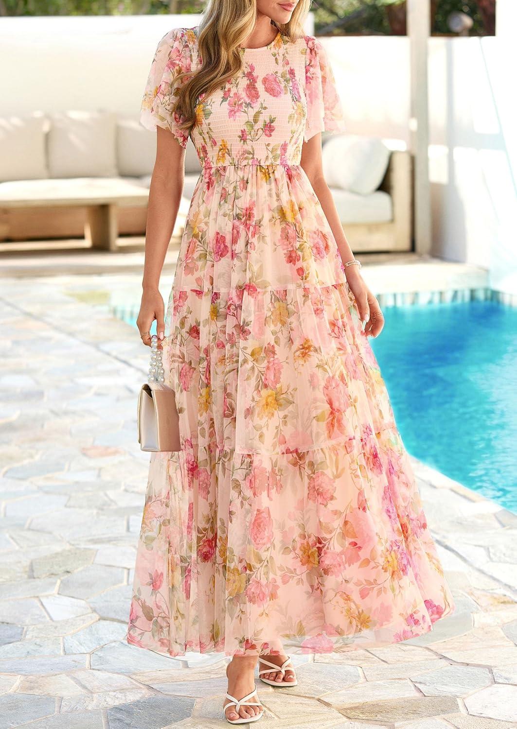 imagePRETTYGARDEN Tulle Floral Dress Women Summer Wedding Guest 2026 Spring Short Sleeve Maxi Smocked Flowy Beach Party DressesApricot Multi Floral