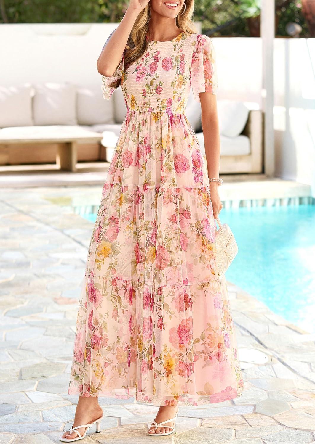 imagePRETTYGARDEN Tulle Floral Dress Women Summer Wedding Guest 2026 Spring Short Sleeve Maxi Smocked Flowy Beach Party DressesApricot Multi Floral