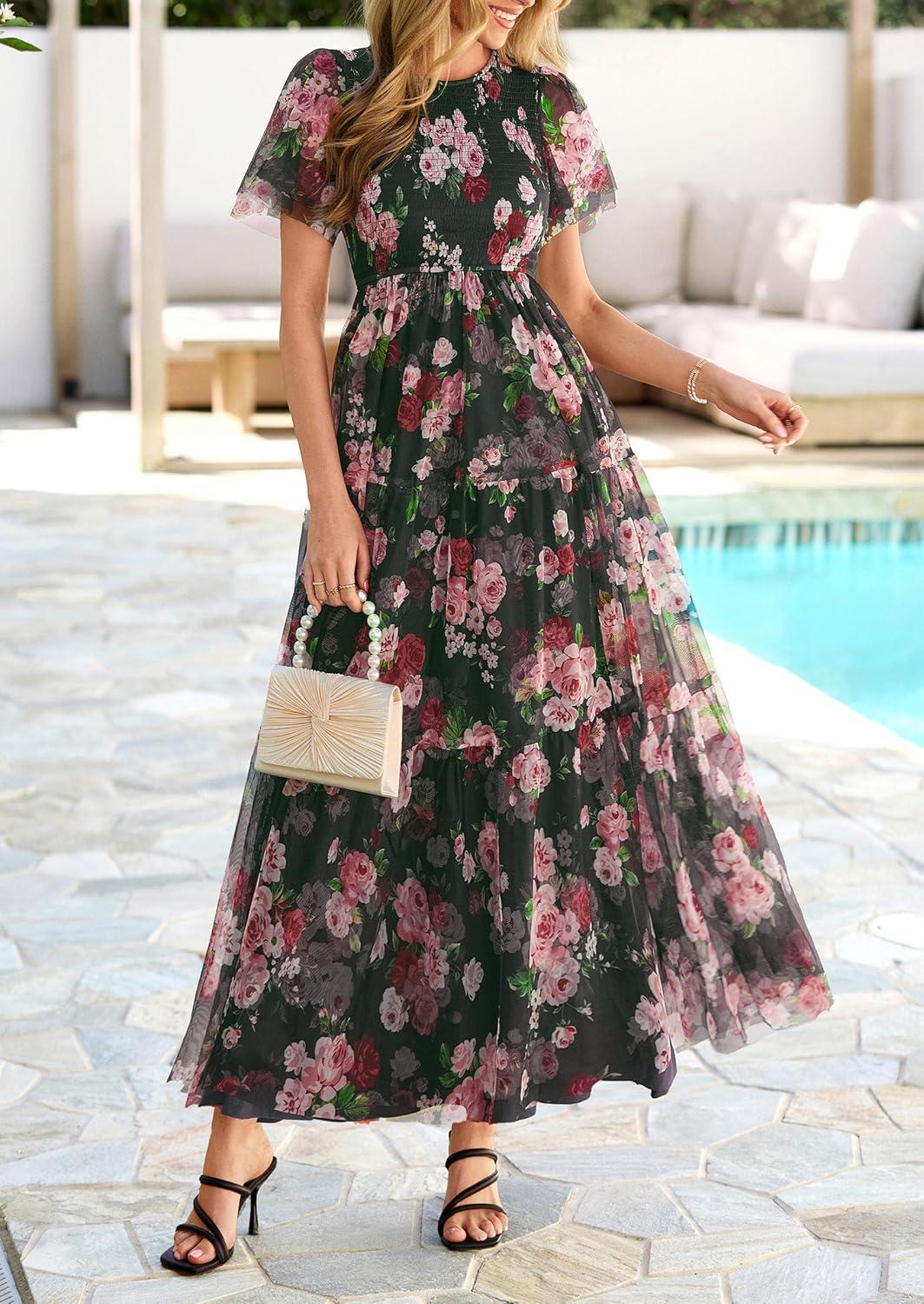 imagePRETTYGARDEN Tulle Floral Dress Women Summer Wedding Guest 2026 Spring Short Sleeve Maxi Smocked Flowy Beach Party DressesArmy Green Pink Floral
