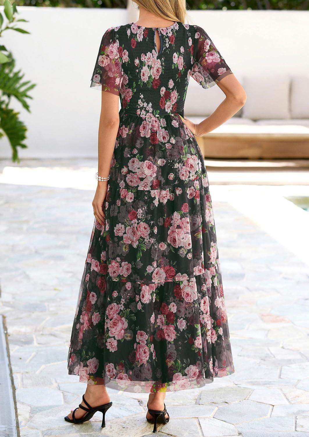 imagePRETTYGARDEN Tulle Floral Dress Women Summer Wedding Guest 2026 Spring Short Sleeve Maxi Smocked Flowy Beach Party DressesArmy Green Pink Floral