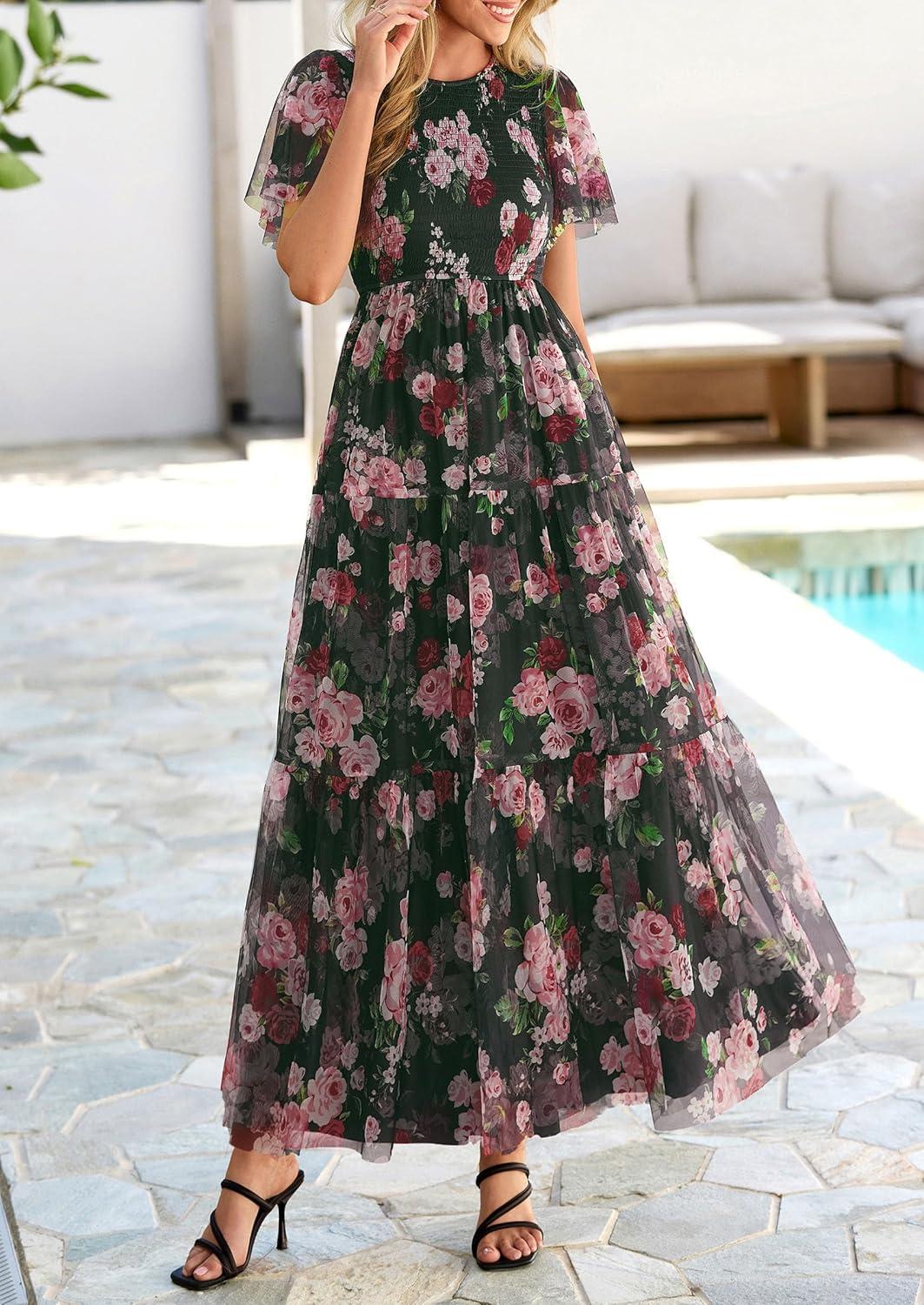 imagePRETTYGARDEN Tulle Floral Dress Women Summer Wedding Guest 2026 Spring Short Sleeve Maxi Smocked Flowy Beach Party DressesArmy Green Pink Floral