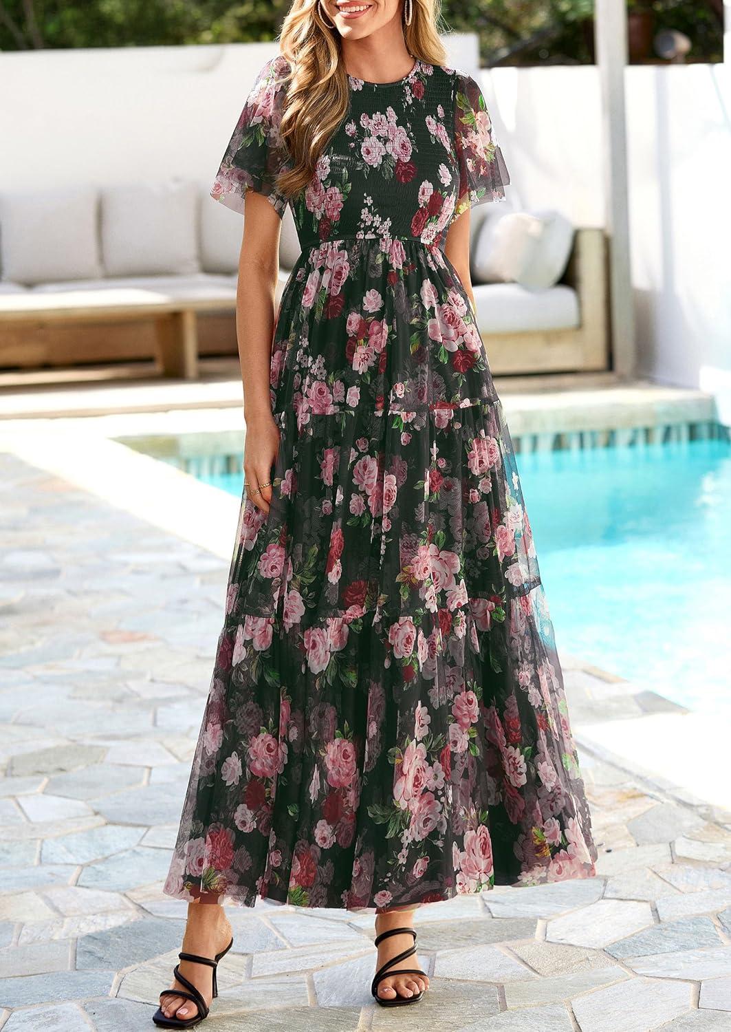 imagePRETTYGARDEN Tulle Floral Dress Women Summer Wedding Guest 2026 Spring Short Sleeve Maxi Smocked Flowy Beach Party DressesArmy Green Pink Floral
