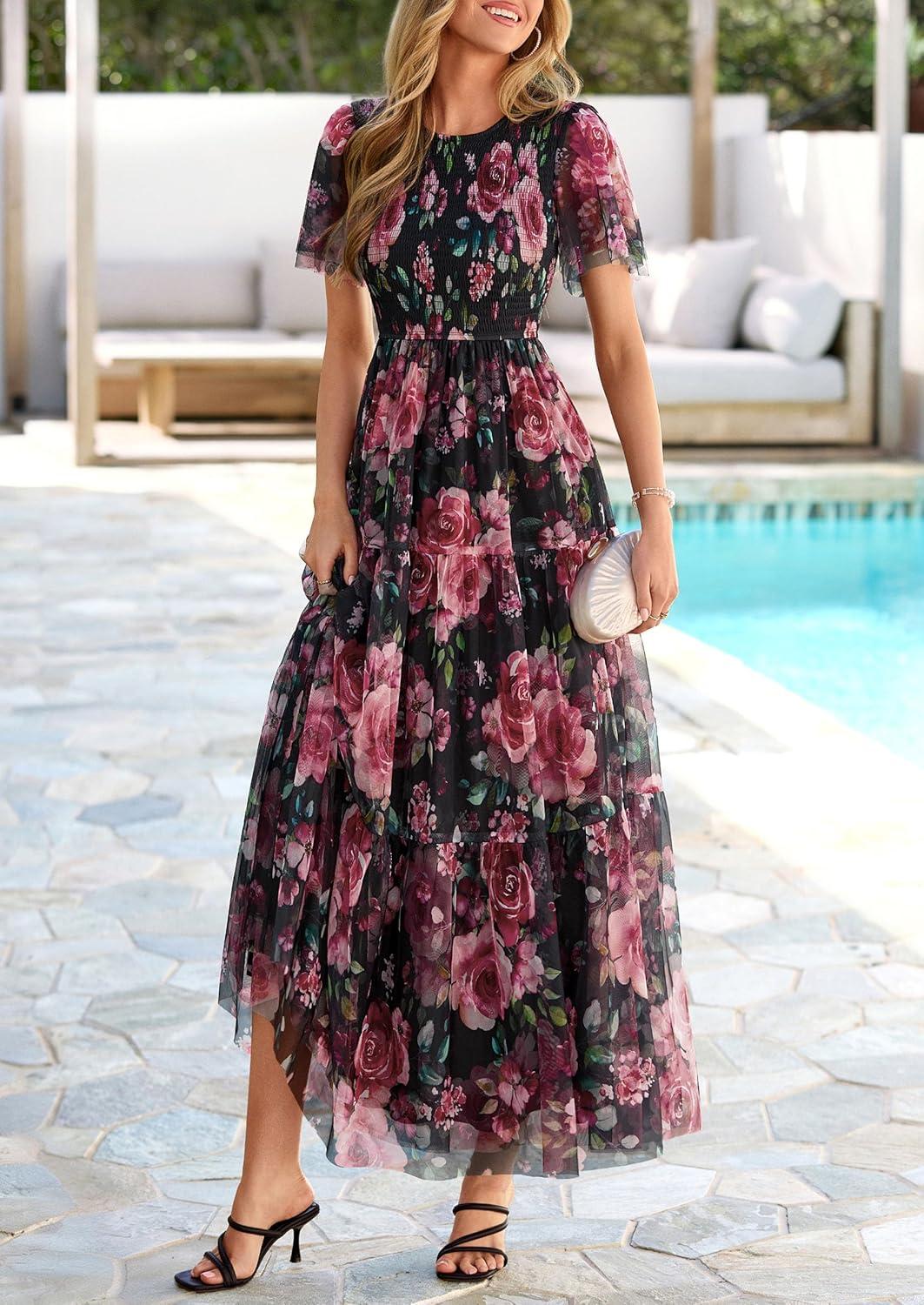 imagePRETTYGARDEN Tulle Floral Dress Women Summer Wedding Guest 2026 Spring Short Sleeve Maxi Smocked Flowy Beach Party DressesBlack Floral